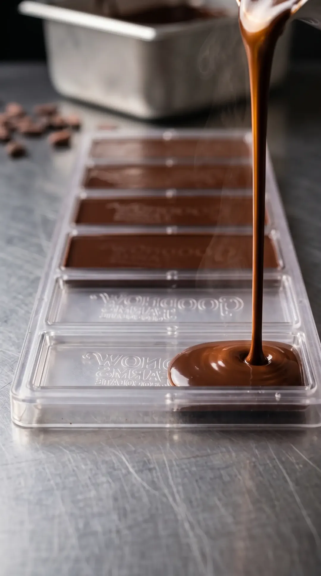 Tempered chocolate pouring into a clear bar mould