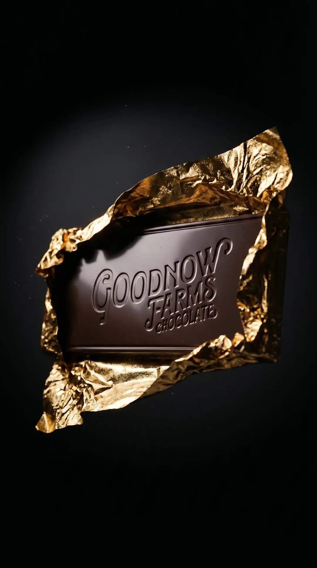 Dark chocolate bar unwrapped from gold foil on black